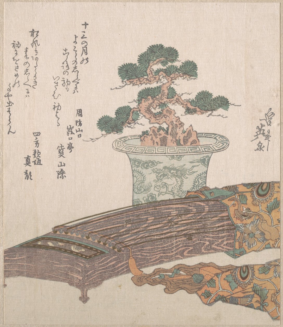 Pinheiro em vaso e koto (harpa japonesa) de Keisai Eisen