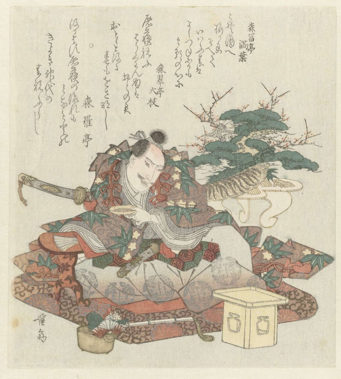 Samurai com tigela de saquê na mão de Keisai Eisen