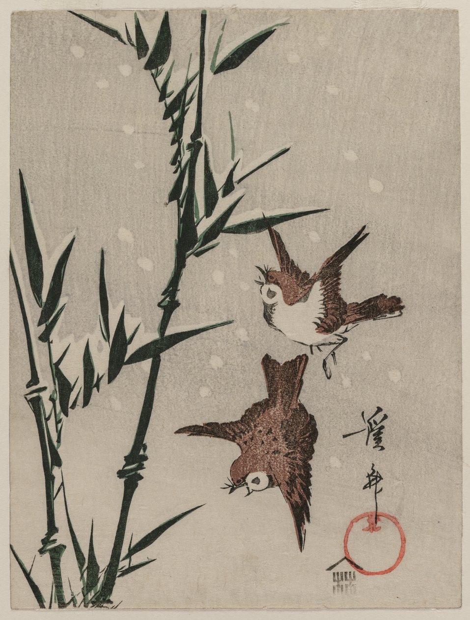 Pardais, bambu e neve caindo, c. final da década de 1820. de Keisai Eisen
