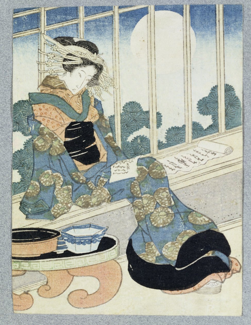 Lady Japonesa Reading by Moonlight (impressão em xilogravura) de Keisai Yeisen