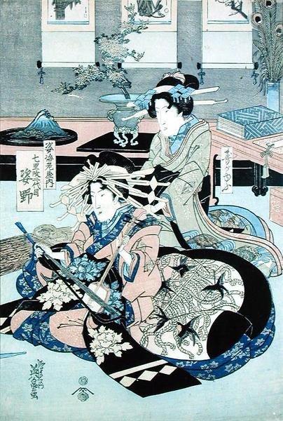 Two Seated Ladies, One Playing the Samisen (impressão em bloco de madeira) de Keisai Yeisen