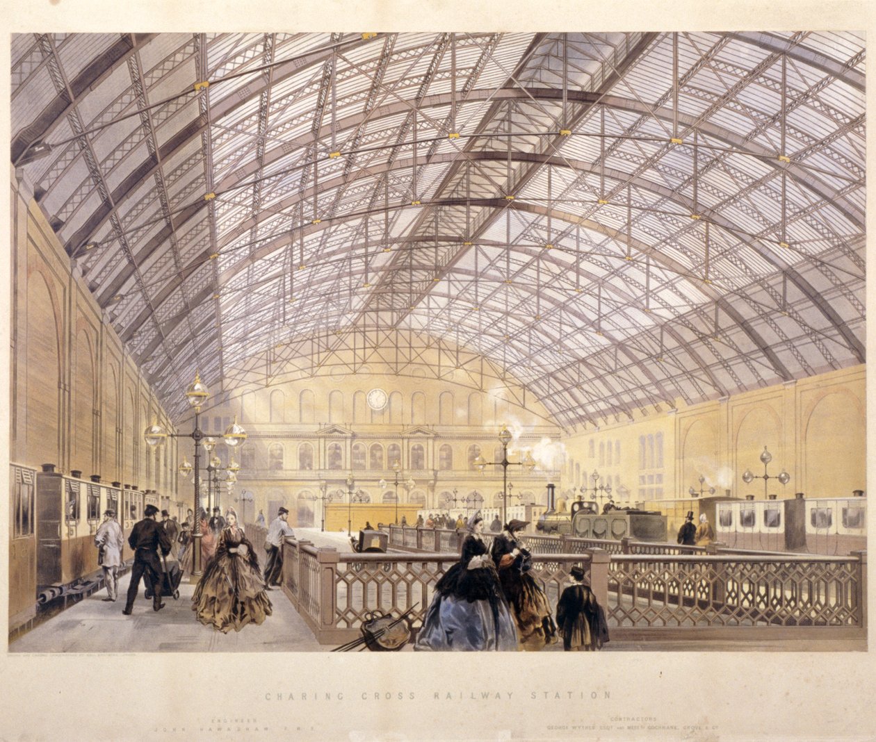 Interior da Estação Charing Cross mostrando trens e o telhado de ferro, Londres, c1890 de Kell Brothers
