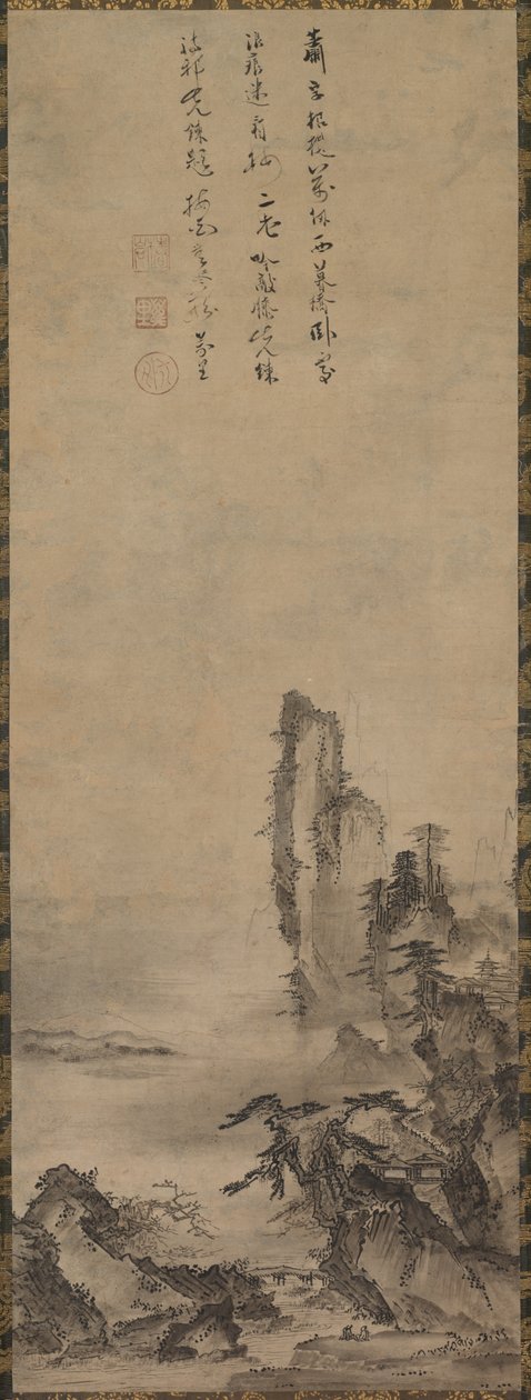 Templo solitário e penhasco alto, c. 1480. de Kenkō Shōkei