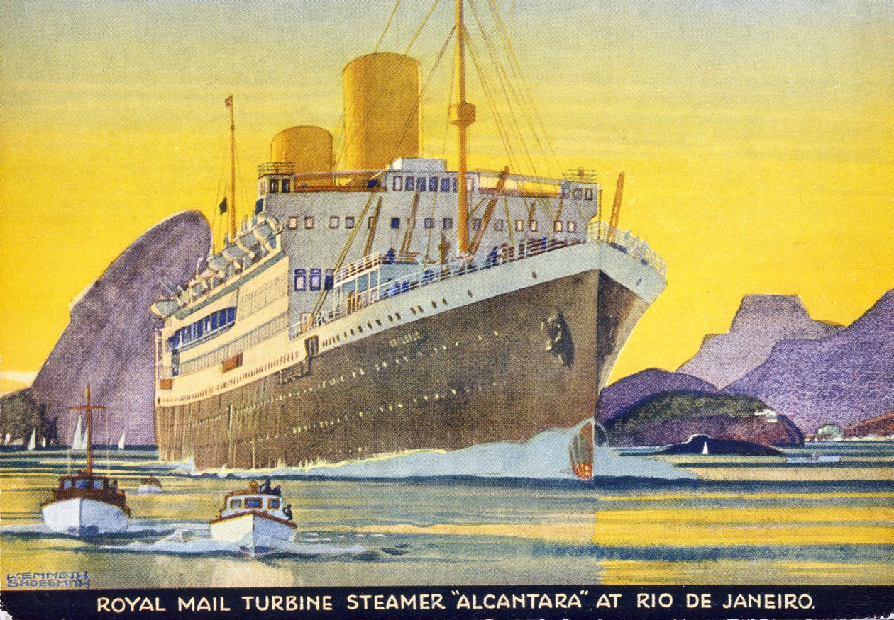 Cartão postal representando o navio de Turbina Royal Mail &39;Alcantara&39; no Rio de Janeiro, década de 1930 de Kenneth Shoesmith