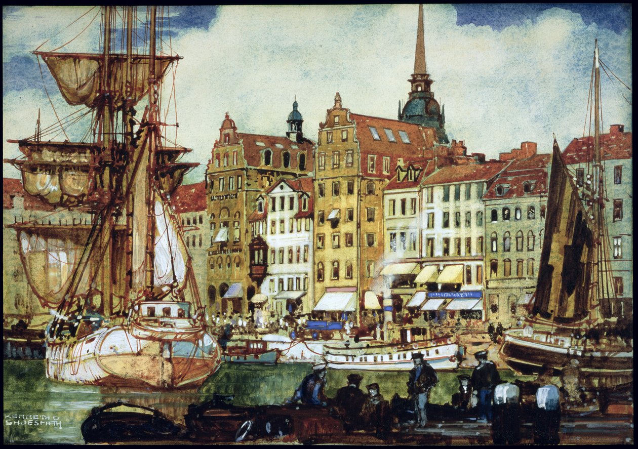 Vista de Estocolmo, c.1920s (caneta e tinta sobre papel colocado a bordo) de Kenneth Shoesmith