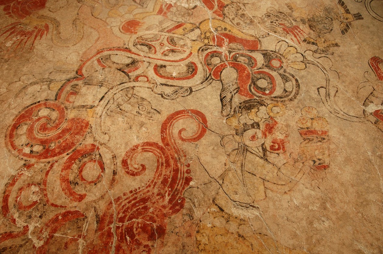 Boca da caverna do submundo, entrada da Montanha das Flores, Maya; Murais Maya; San Bar..., 2002 (foto) de Kenneth Garrett