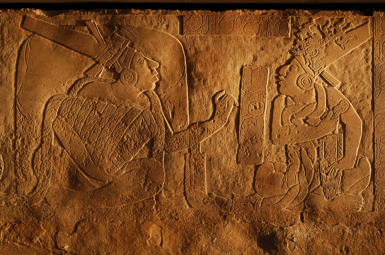 Banco do trono do Templo 19, Palenque, México, escultura de Akhal Mo Nab, 2005 (foto) de Kenneth Garrett