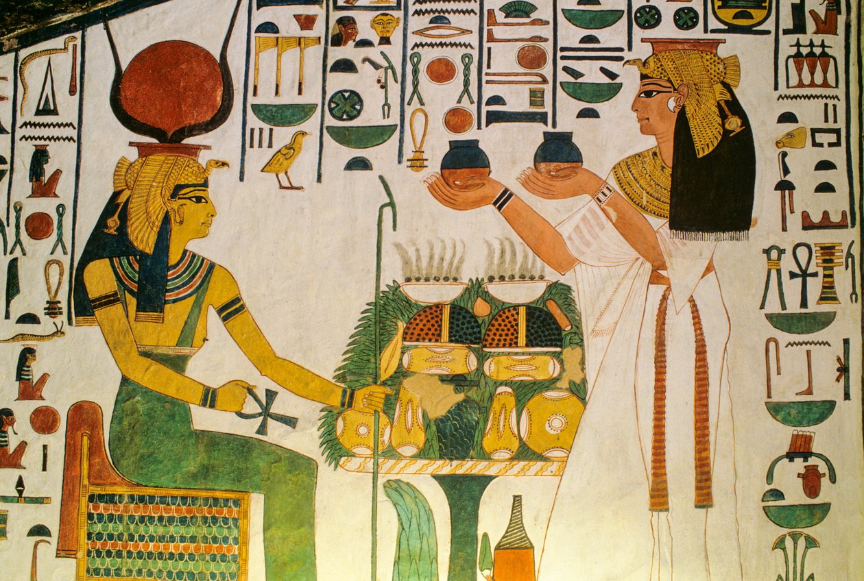 Túmulo de Nefertari; Nefertari oferece vinho a um grupo de divindades; Egipto, Vale do... de Kenneth Garrett
