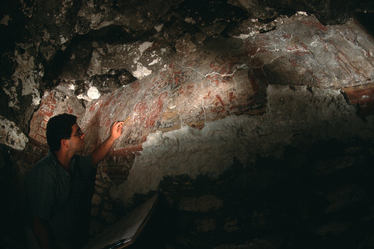 William Saturno inspecciona o mural; San Bartolo; Guatemala; Maya, 2002 (foto) de Kenneth Garrett