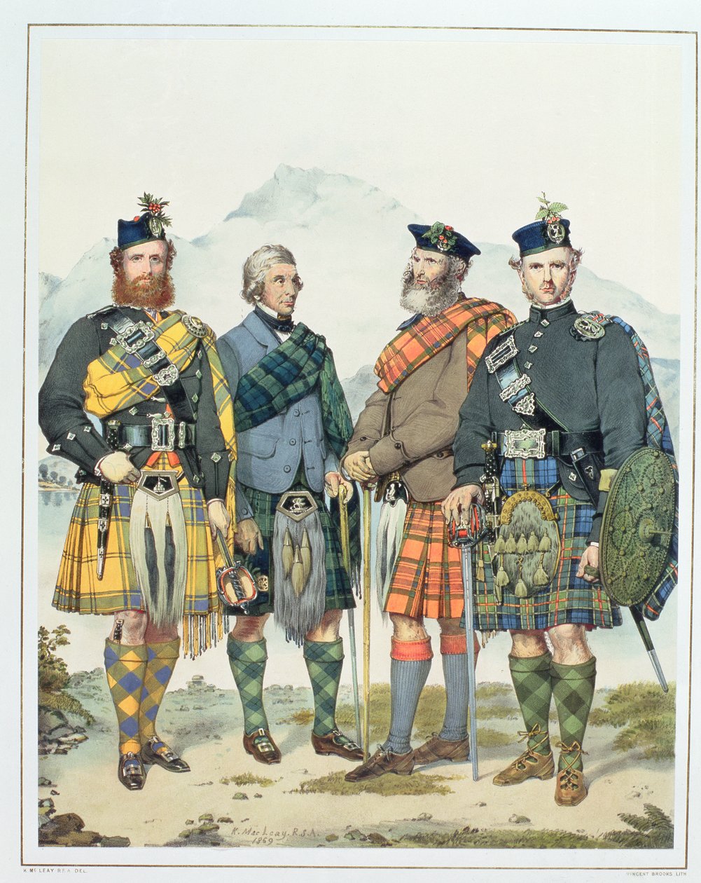 John MacLachlan, Hugh Grahame, James MacFarlane e Angus Colquhoun, quatro dos "Highlanders" da rainha Victoria, gravados por Vincent Brooks, 1869 de Kenneth Macleay