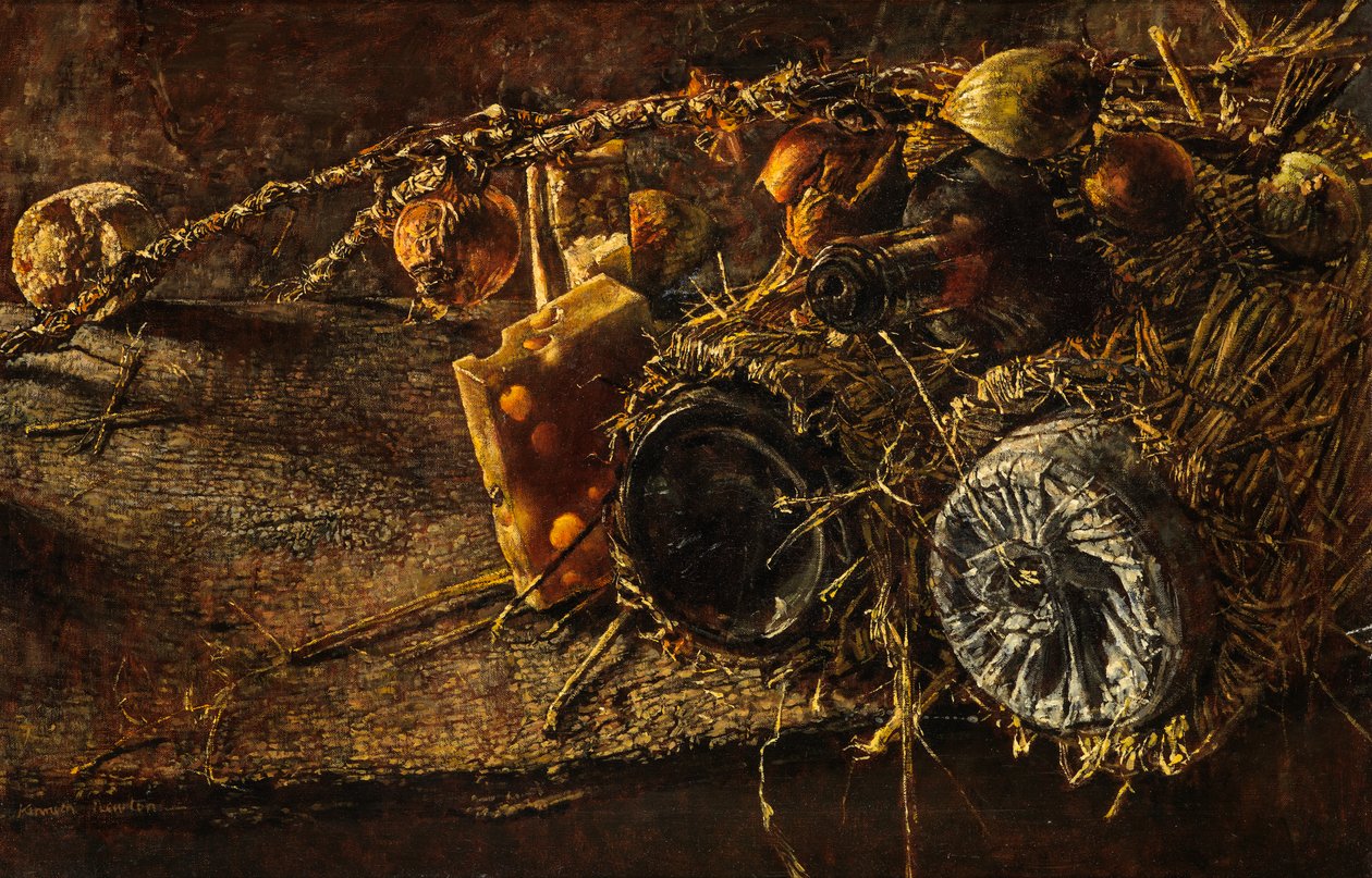 Natureza morta com queijo e garrafas (óleo sobre tela) de Kenneth Newton