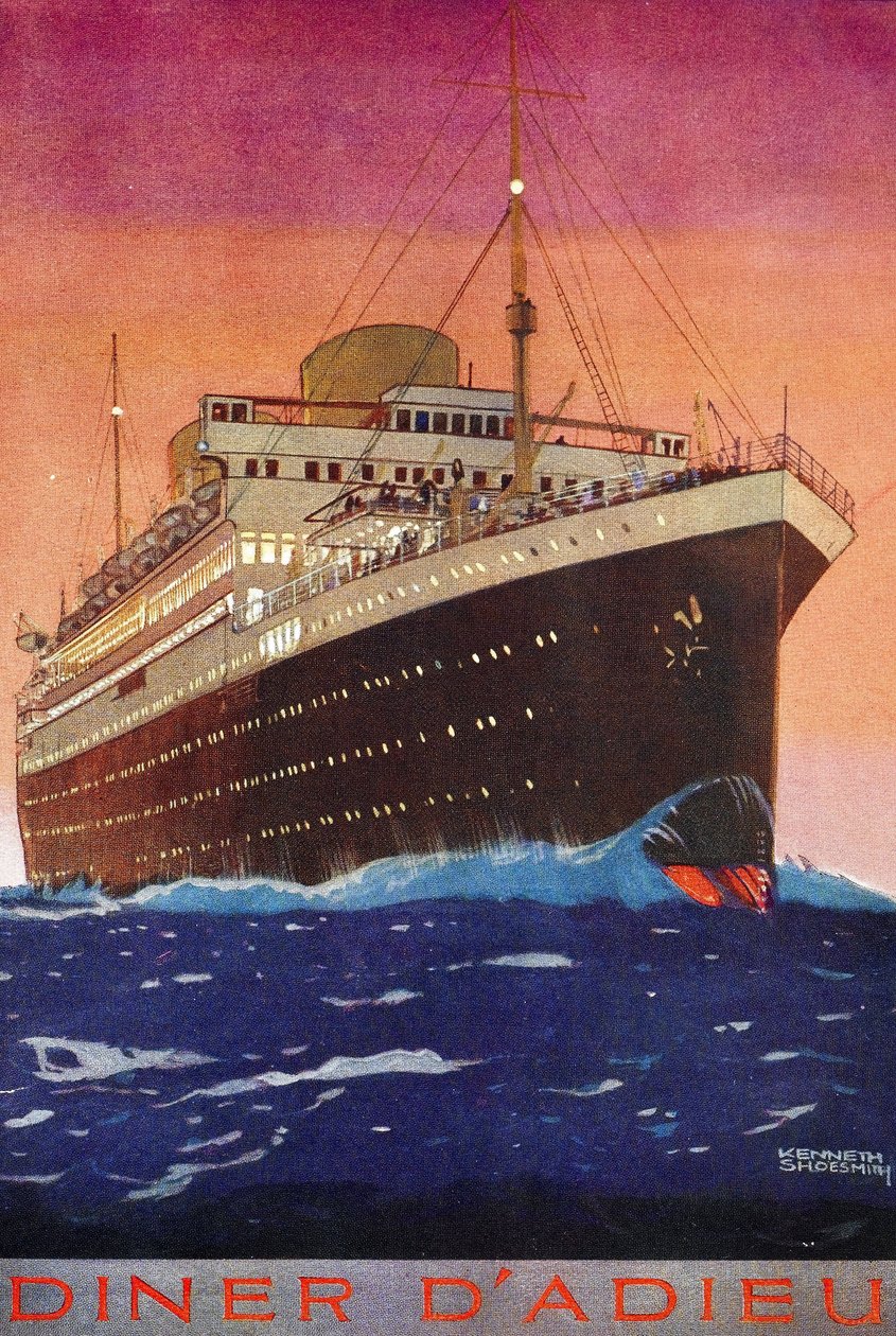 Capa do menu do "jantar de despedida" de um navio de passageiros, representando o navio, visto da proa, a navegar sob um céu iluminado pelo sol poente de Kenneth Shoesmith