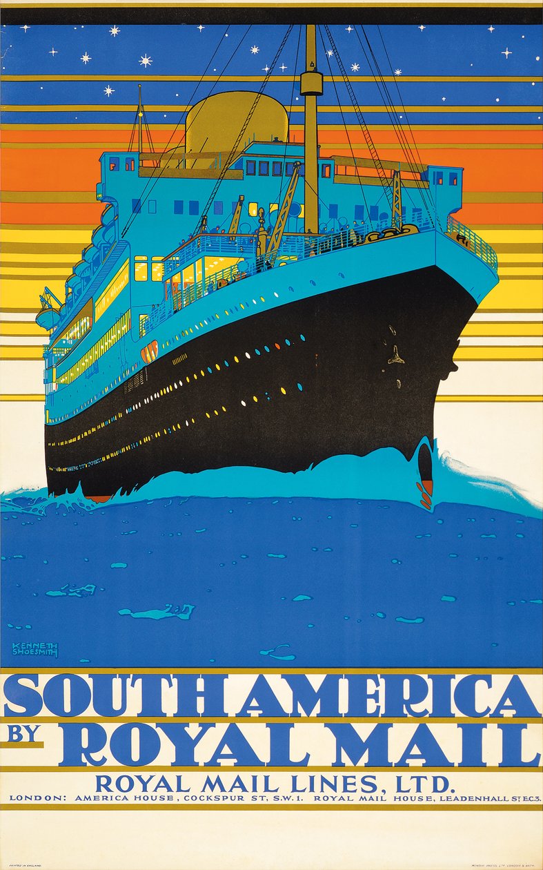 Cartaz publicitário da América do Sul pela Royal Mail Lines (litografia colorida) de Kenneth Shoesmith