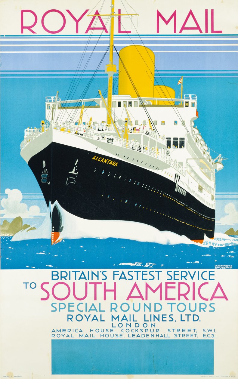 Cartaz anunciando o serviço do Royal Mail para a América do Sul, c.1930 (litografia colorida) de Kenneth Shoesmith