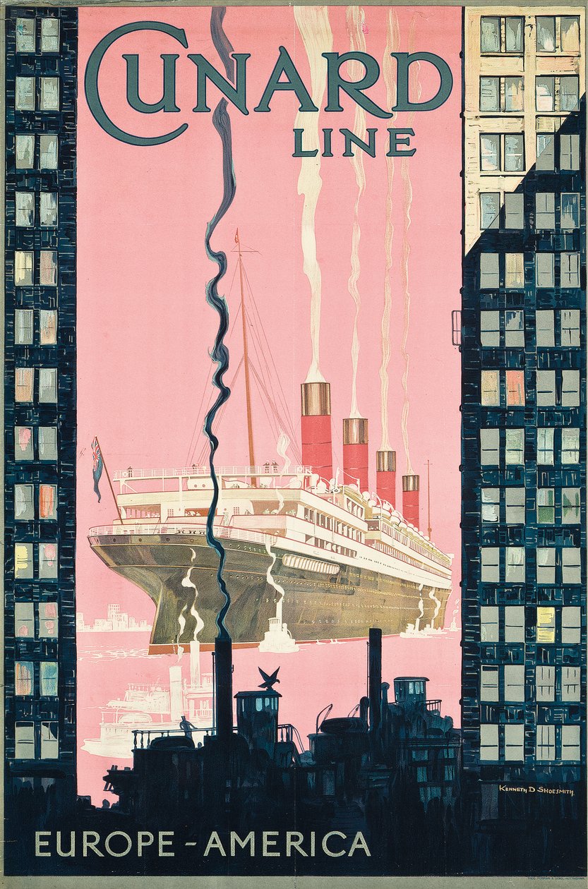 Viagem de propaganda em pôster da Europa para a América com a empresa de navegação Cunard Line, c. 1925 (litografia colorida) de Kenneth Shoesmith