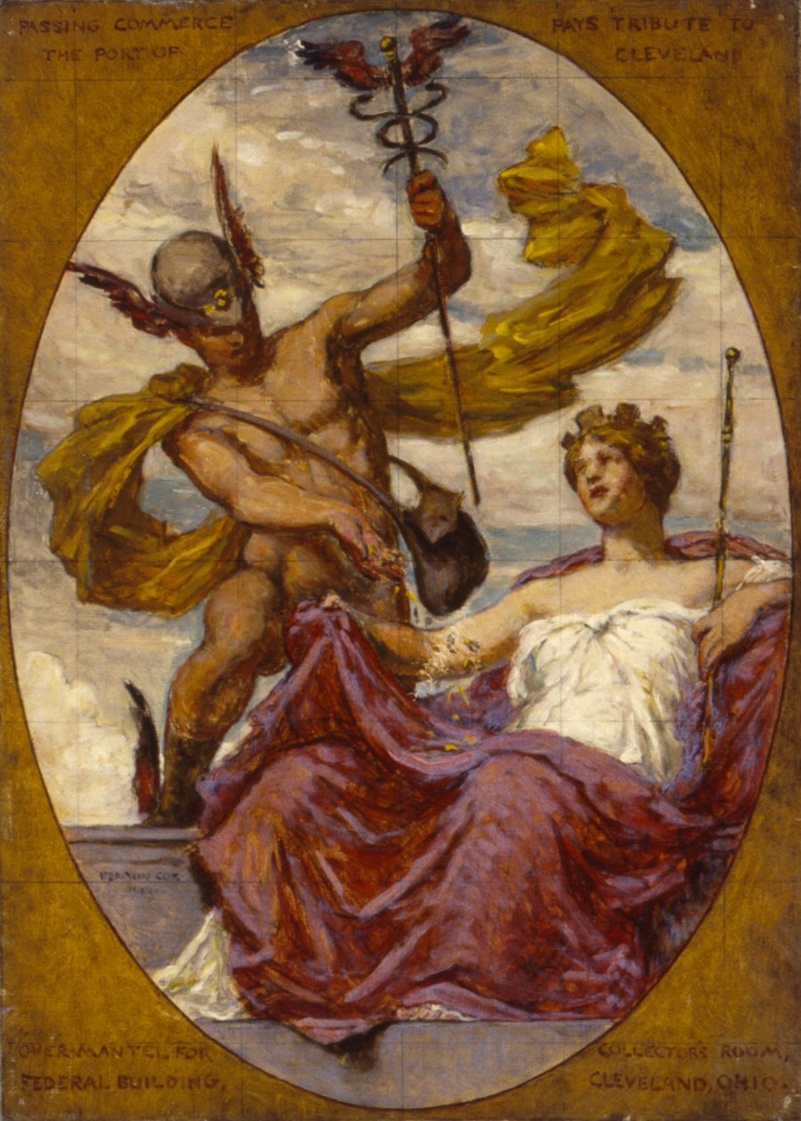 Estudo para o mural na Alfândega dos EUA, Cleveland, OH, "Passing Commerce Pays Tribute to the Port of Cleveland" (Comércio de passagem presta homenagem ao porto de Cleveland) de Kenyon Cox