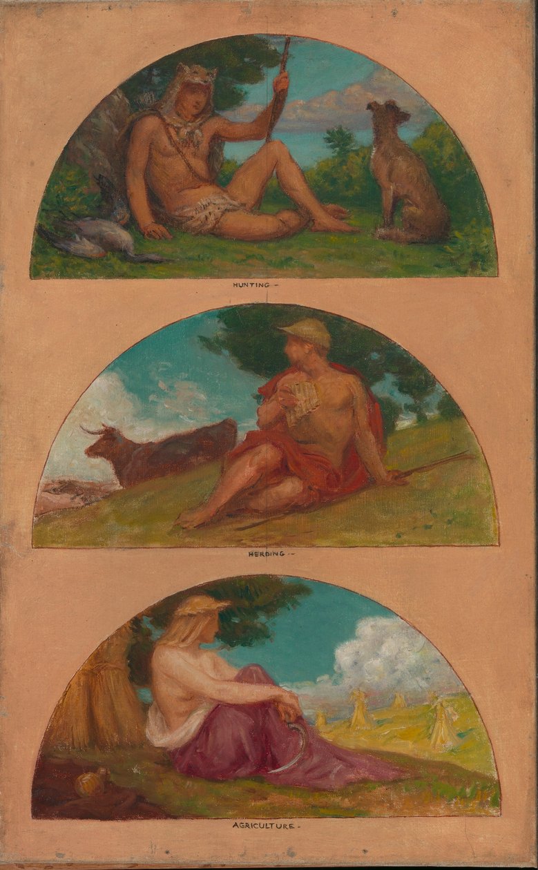 O progresso da civilização: Caça, Pastoreio, Agricultura (estudo mural, Capitólio do Estado, Des Moines, Iowa) de Kenyon Cox