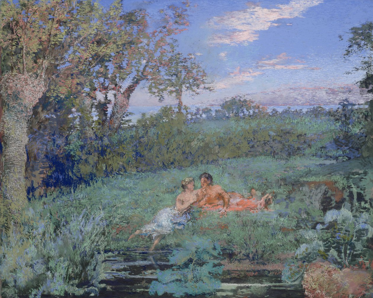 Os amantes na margem do rio, c.1910-20 (pastel e aquarela sobre papel cartão) de Ker Xavier Roussel