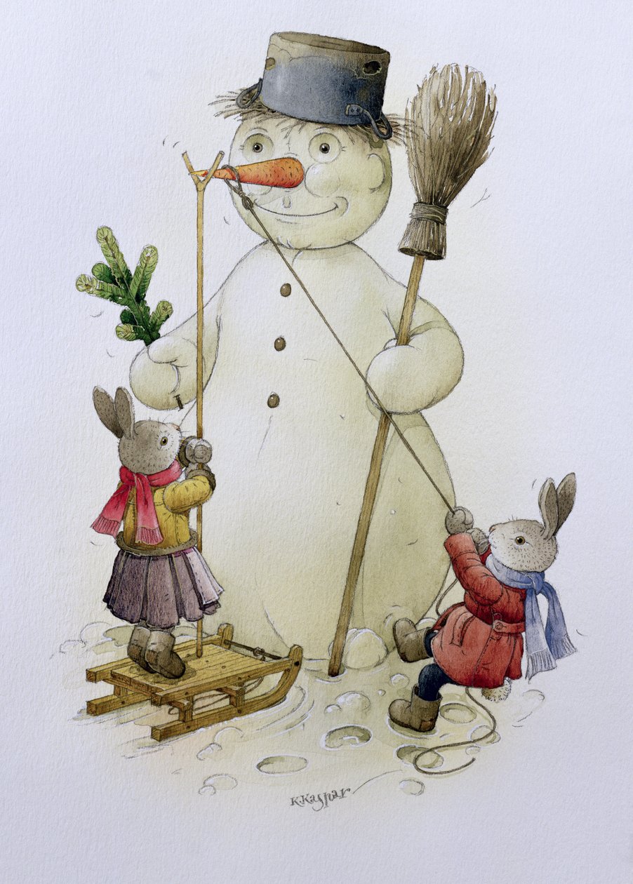 Boneco de neve e lebres, 1999 (wc no papel) de Kestutis Kasparavicius