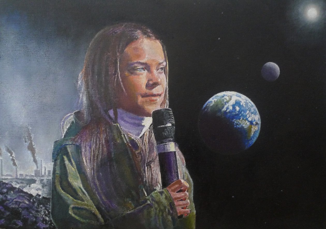 Greta Speaks Out (Acorda a Humanidade!), 2022 (pintura) de Kevin Parrish