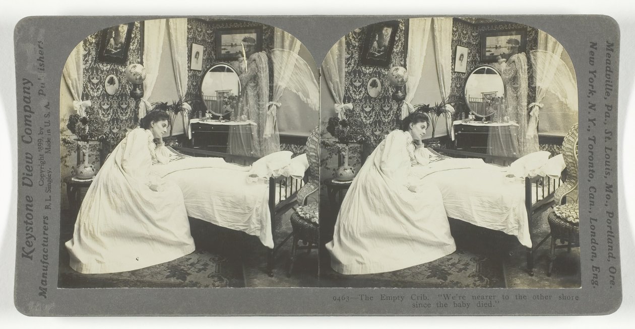O Presépio Vazio. Estamos mais perto da outra margem desde que o bebé morreu, 1899. de Keystone View Company