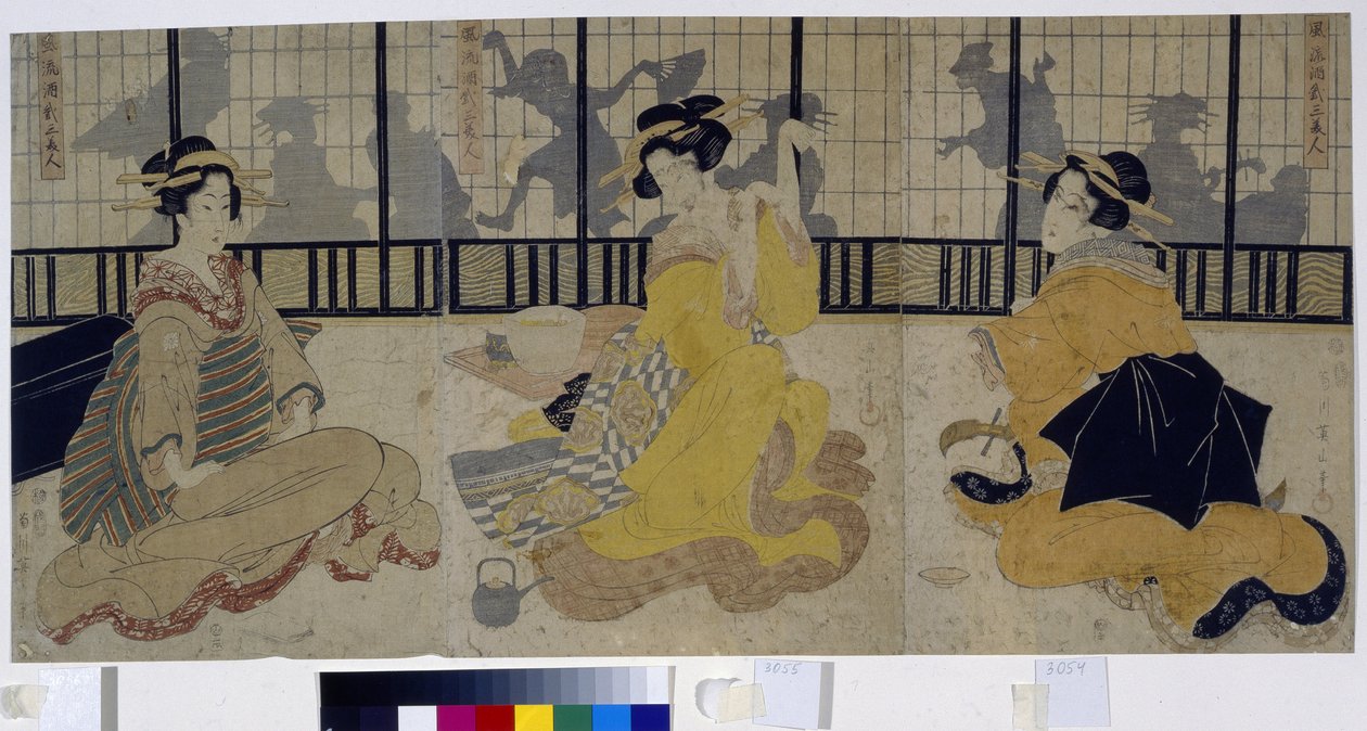 Festival das três belezas. (Festa das Três Belezas). Grupo de três cortesãs (gueixa, geiko) do período Edo ou período Tokugawa (1600-1868) em uma casa de chá (ochaya). Obra de Kikukawa Eizan (1787-1867), xilogravura (impressão) 1814. Arte i de Kikukawa Eizan