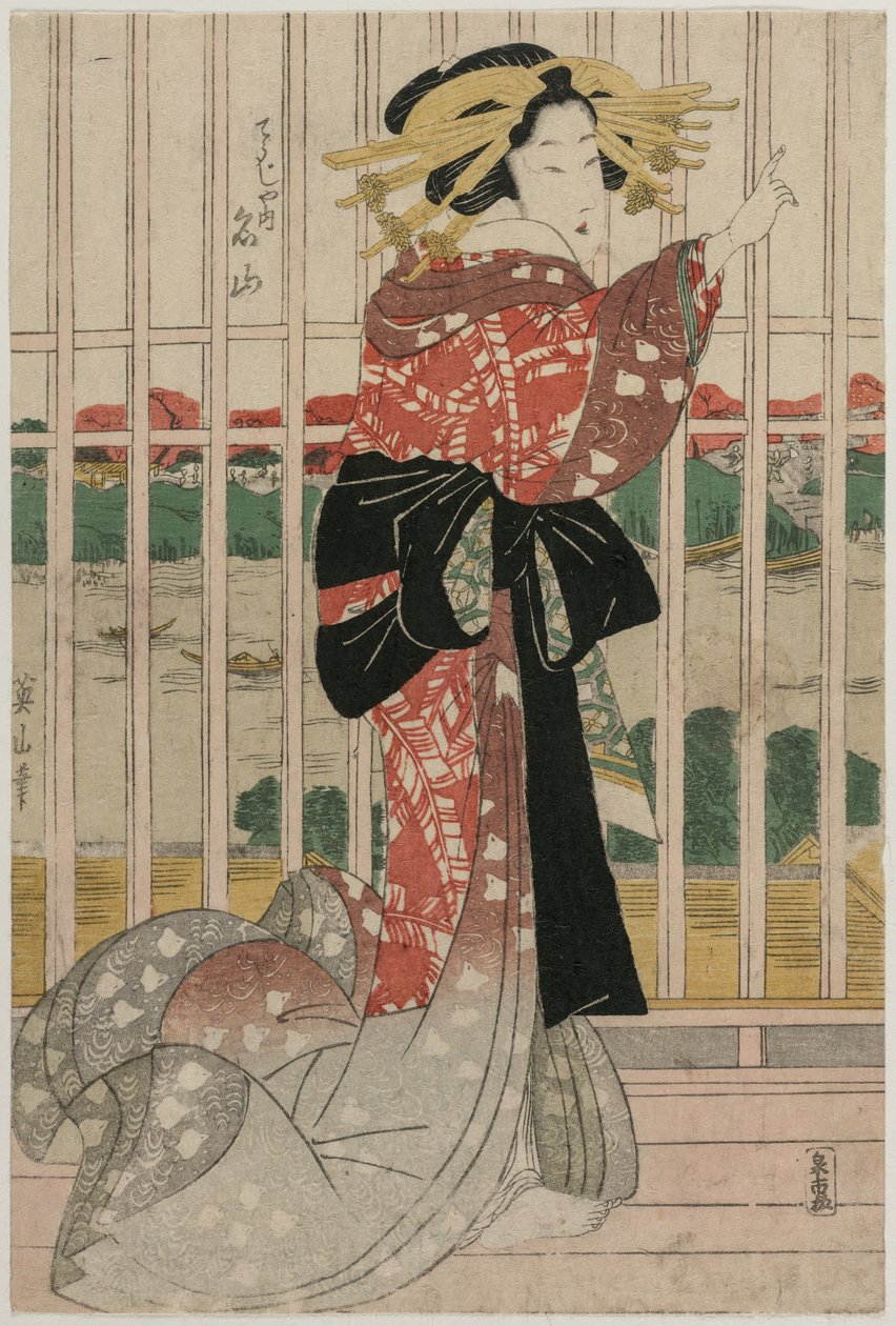 A cortesã Meizan do Chojiya em uma varanda com vista para o rio Sumida de Kikukawa Eizan