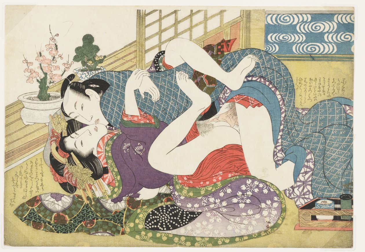 Jovens amantes no Ano Novo, de Selecções do bairro do brocado (E-awase kingaishō) de Kikukawa Eizan