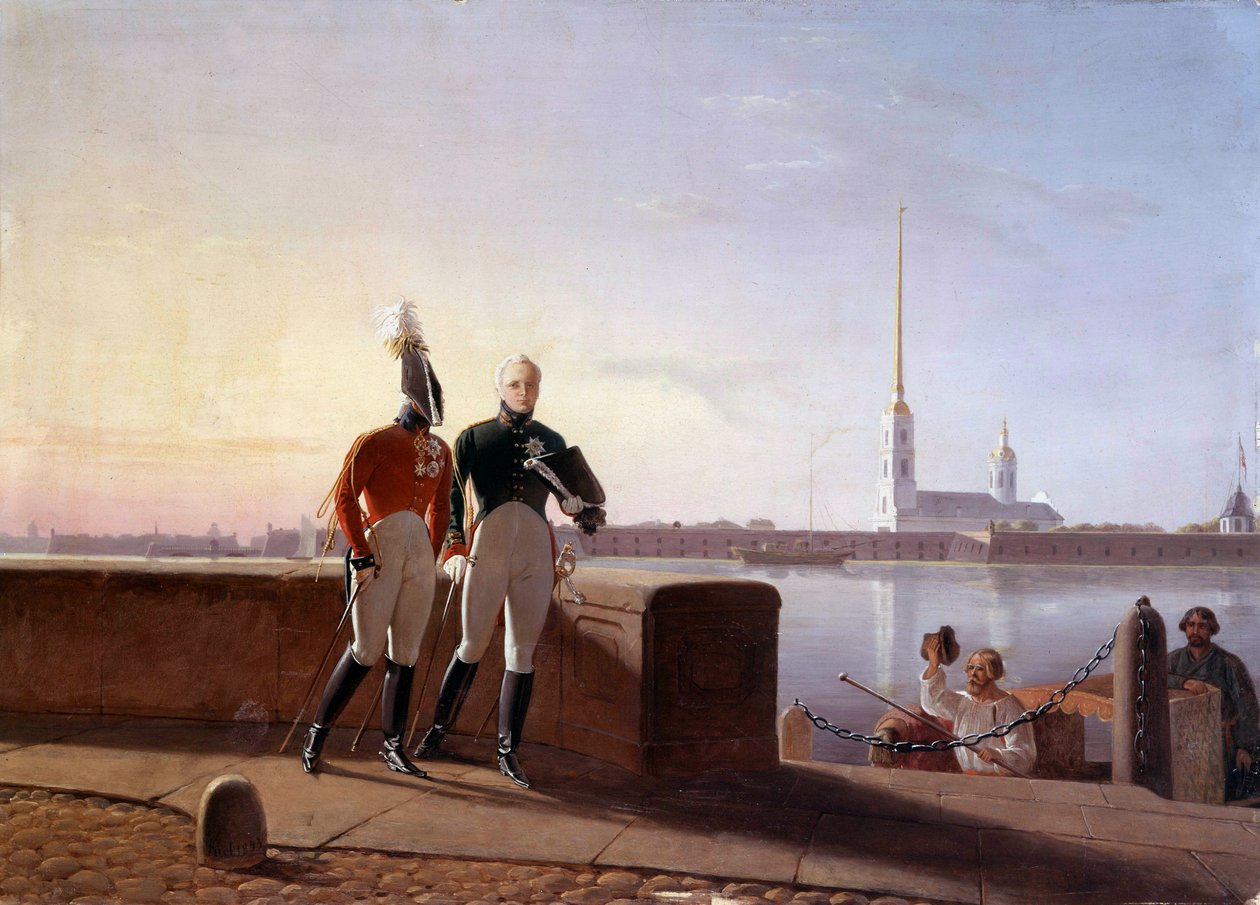 O czar russo Alexandre I (1777-1825) e seu irmão Constantino à beira do Neva Pintura de Kil (século 19) Museu Hermitage, São Petersburgo de Kil