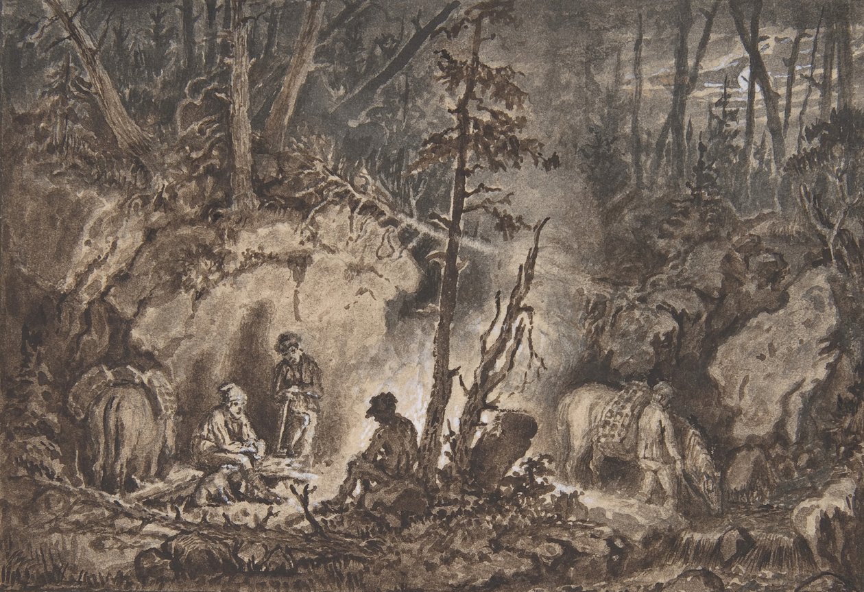 Caçadores a descansar numa floresta à noite, 1830-60. de Kilian Christoffer Zoll