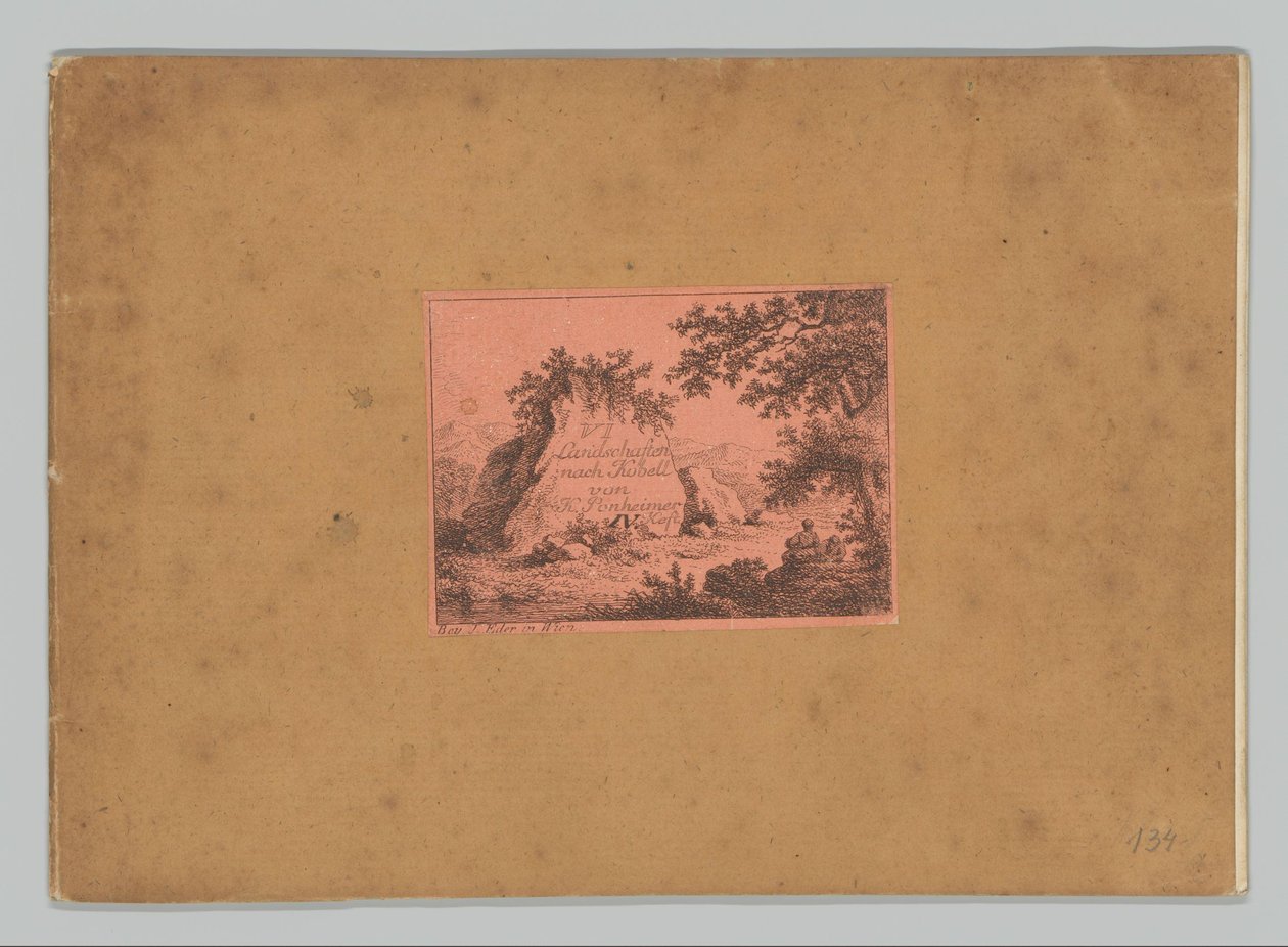 Capa com impressão de título mostrando uma paisagem montanhosa
VI Landschaften nach Kobell von K. Ponheimer IV. Esquerda (título sobre o objecto)
Paisagens depois de Kobell (título da série)
120 Radierungen nach F. Kobell (título da série)
VI Landschaf de Kilian Ponheimer (I)