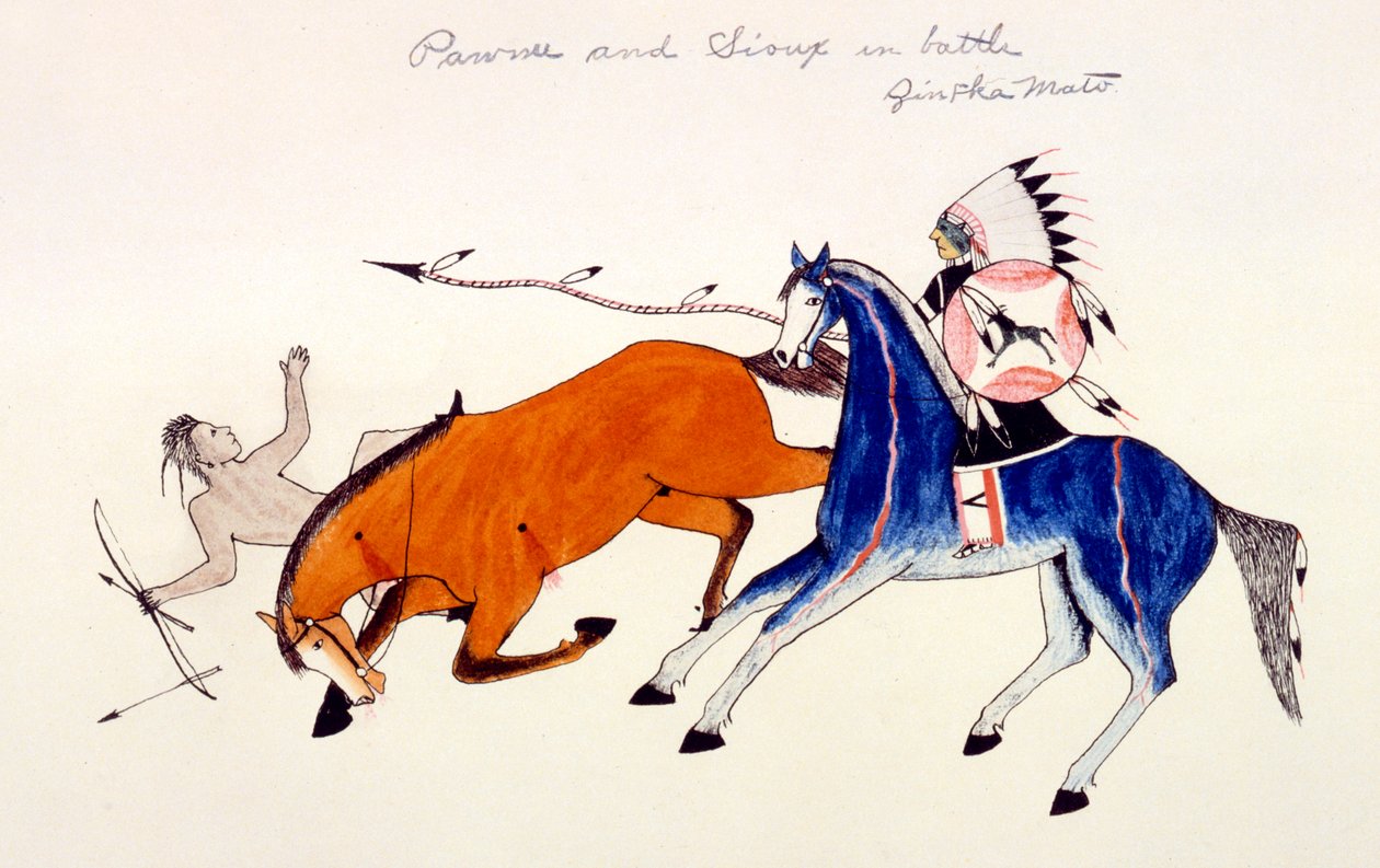 Unhorsing de um guerreiro Pawnee pelo guerreiro de Dakota Sioux Zintka Mato Dog Bear, c1889-1927. de Kills Two