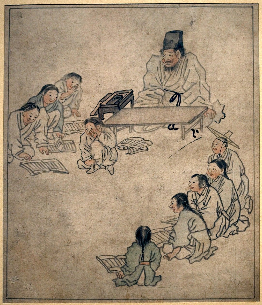 Uma aula de escola. Pintura de Danwon (Kim Hongdo) (1745-1806), tinta sobre papel, arte Coreen, período Joseon (Choson) século XVIII. Museu Nacional da Coreia, Seul (Coreia do Sul). de Kim Hong Do