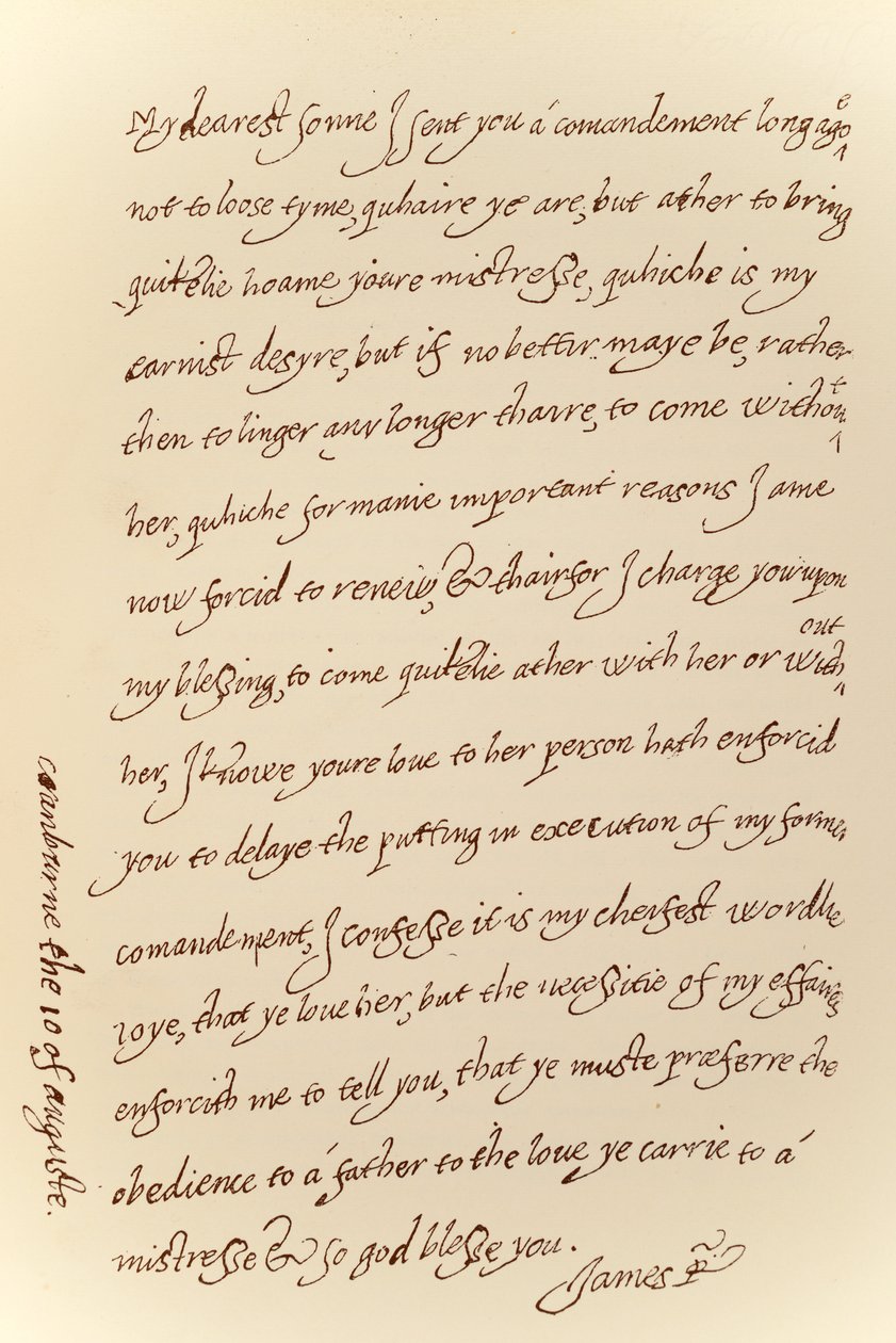Fac-símile de uma carta datada de 10 de agosto de 1623, de James I ao príncipe Charles, impressa por Manzi Joyant & Co. Paris, 1904 (collotype) de King James I