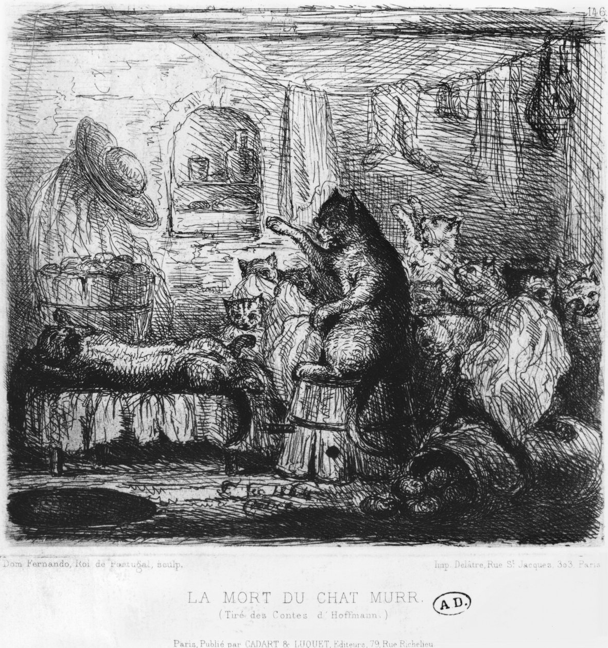 Morte de Cat Murr, ilustração de The Life Views of the Cat Murr por Ernst Theodor Amadeus Hoffmann (1776-1822) publicado em 1820-22 de King of Portugal Fernando II