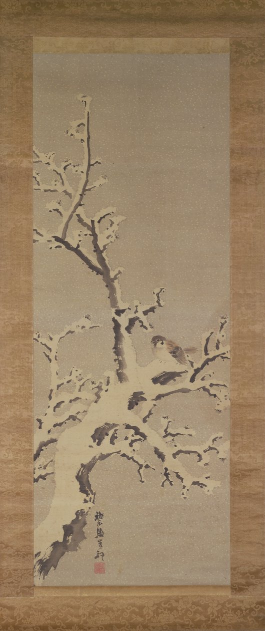 Pardal em uma árvore em uma tempestade de neve, c.1800 (cor no papel) de Kishi Ganku