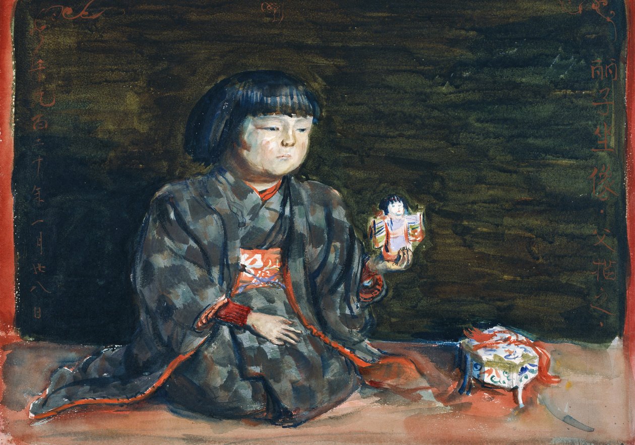 Retrato sentado de Reiko com uma boneca de Kishida Ryusei