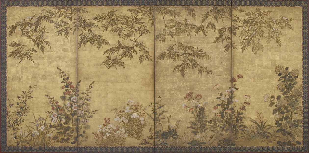 Árvore Mimosa, papoulas, hollyhocks e outras flores, período Edo, 1630-70 (tinta, cor e ouro sobre papel) de Kitagawa Sosetsu