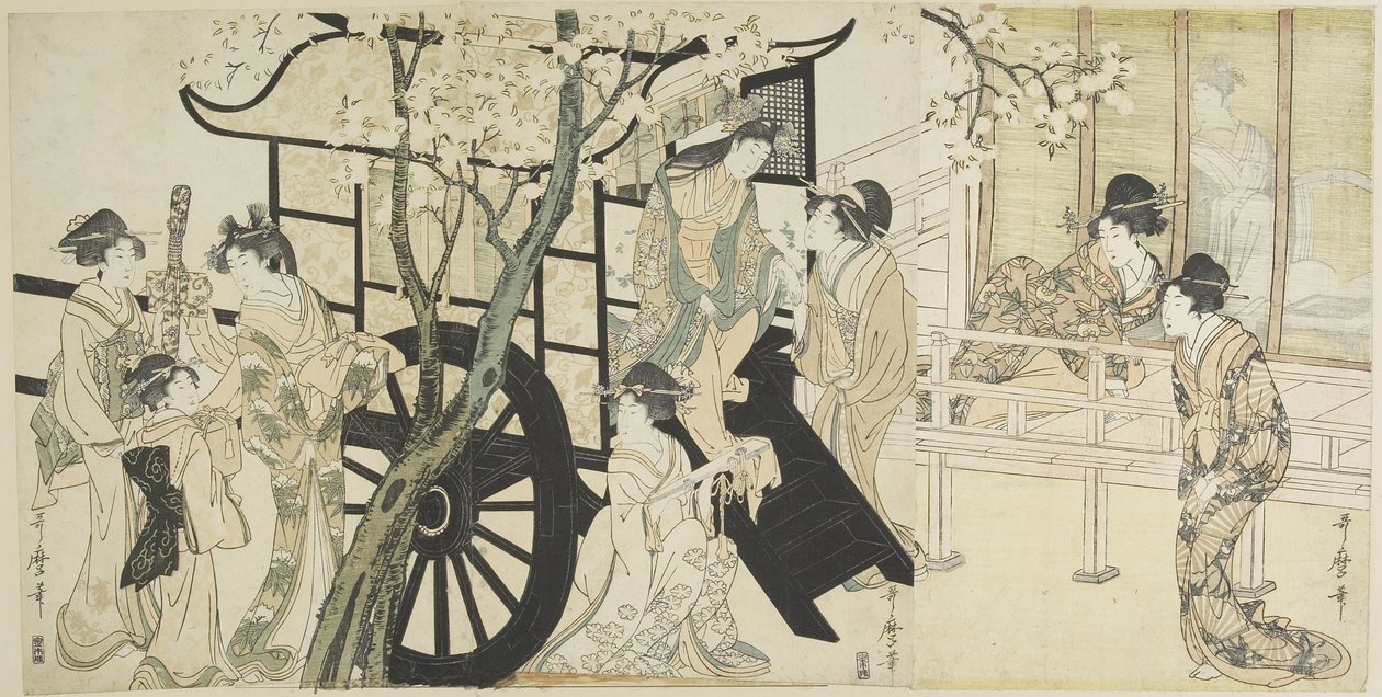 (Vendo as flores de cerejeira como uma cena de carruagem imperial), c. 1798 de Kitagawa Utamaro