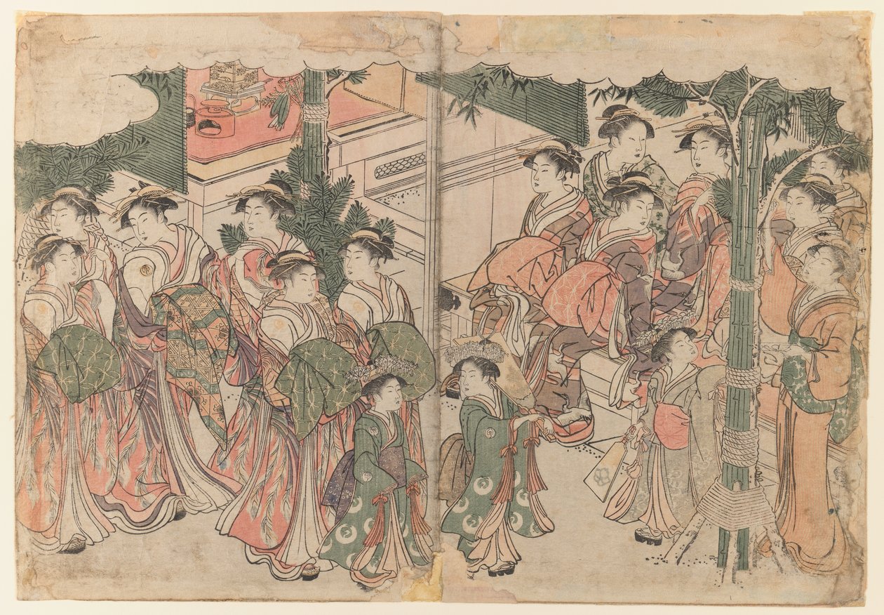 Courtesans Entourage no Festival de Ano Novo, c.1785 (díptico) de Kitagawa Utamaro