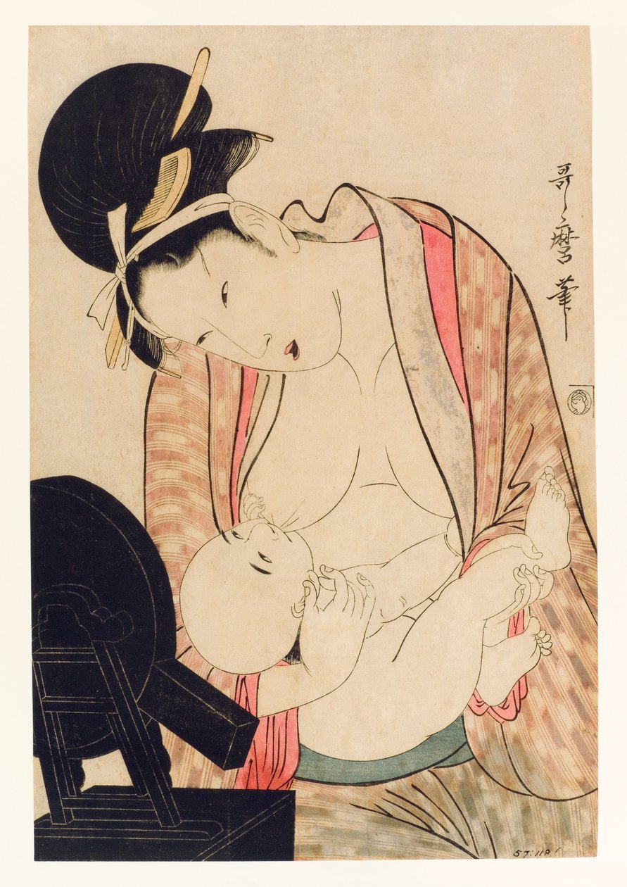 Mãe, amamentação, seu, criança, antes de, um, espelho, levantar, c.1800-04, (woodblock) de Kitagawa Utamaro