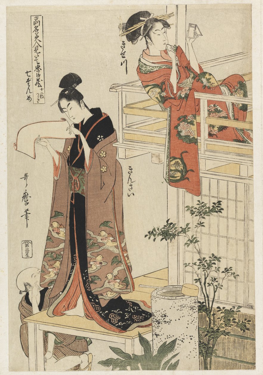 P.354-1945 Cena 7, Comparação das belezas célebres e da liga leal, c.1797 (impressão em xilogravura a cores) de Kitagawa Utamaro