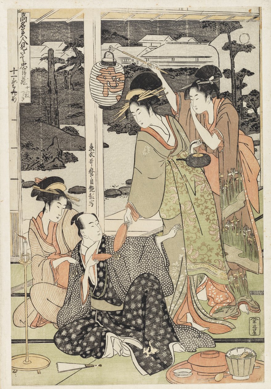 P.359-1945 Cena 12, Comparação das belezas célebres e da liga leal, c.1797 (impressão em xilogravura a cores) de Kitagawa Utamaro