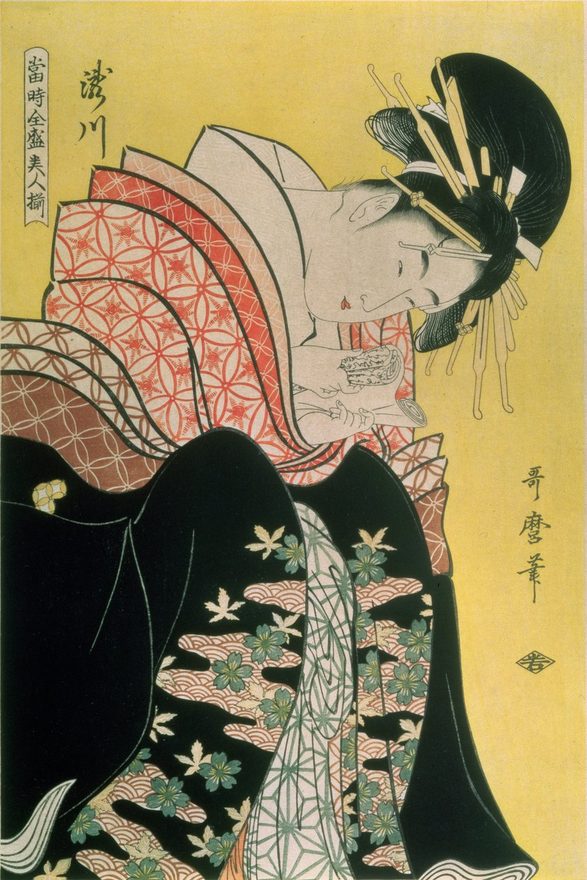 Takigawa da Casa de Chá, Ogi (impressão em xilogravura a cores) de Kitagawa Utamaro