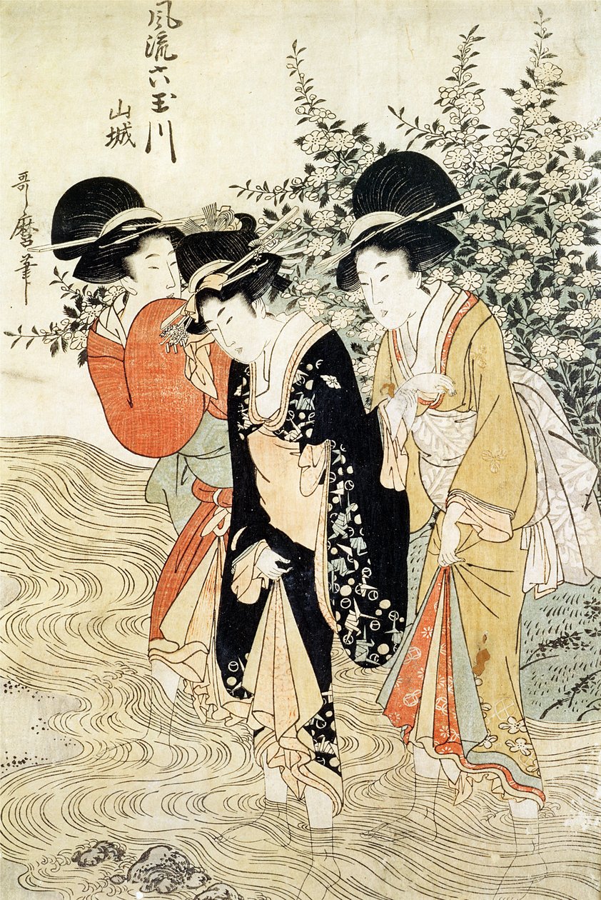 Três garotas remando em um rio, do &39;Fashionable Six Jeweled Rivers&39;, província de Yamashiro, publicada em 1790 (impressão em xilogravura a cores) de Kitagawa Utamaro