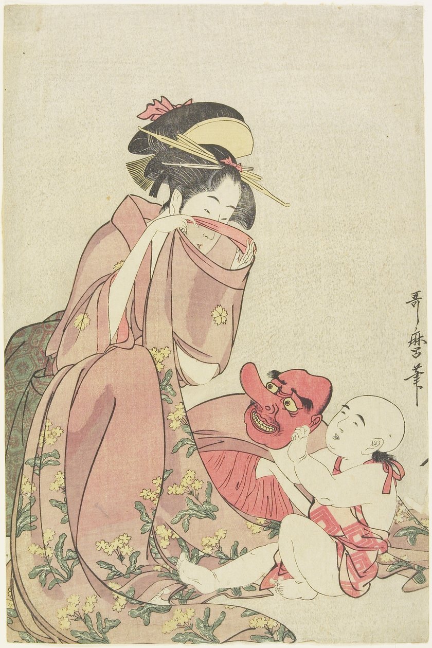Mulher, tocando, criança, tengu, máscara, 1795-1802 de Kitagawa Utamaro