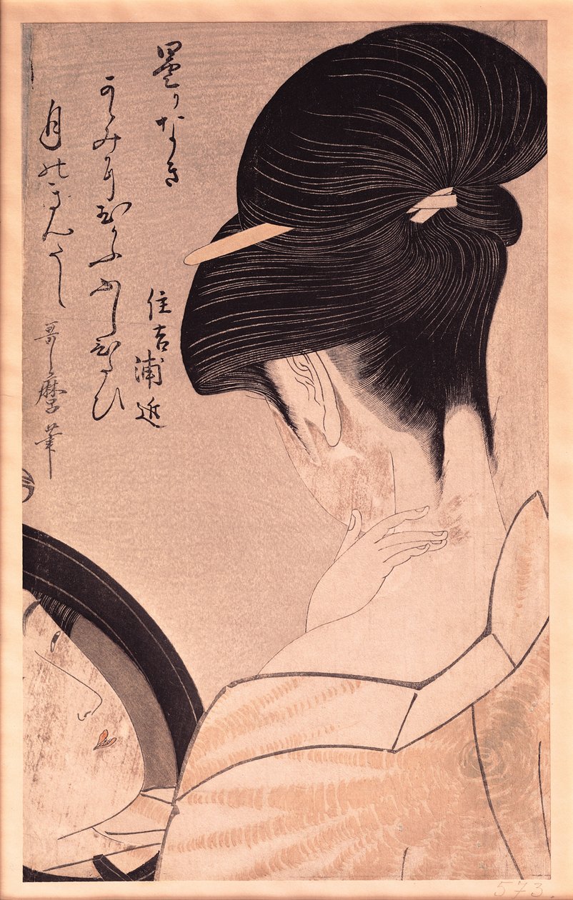 Mulher Colocando Maquiagem (impressão xilogravura colorida) (ver também 253101) de Kitagawa Utamaro