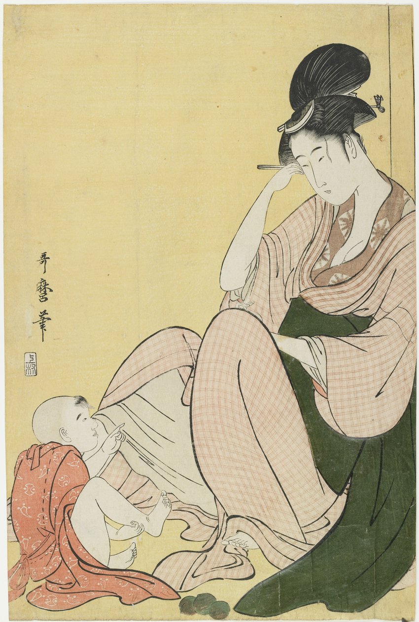 Mulher e uma criança apontando, 1794-1795 de Kitagawa Utamaro