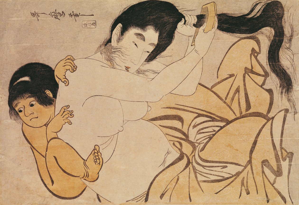 Yama-Uba, a mulher da montanha, com Kintoki, seu bebê (xilogravura) de Kitagawa Utamaro