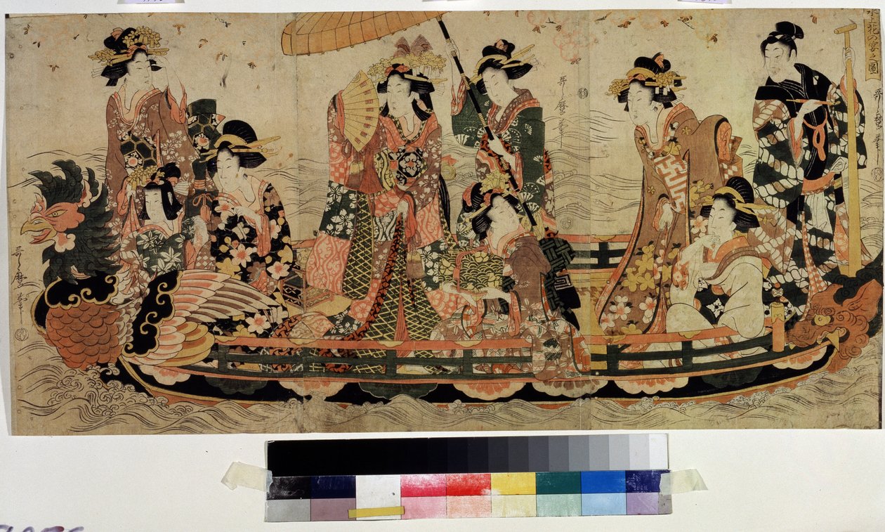 Admire as flores de cerejeira (Hanami) (Cherry Blossom Viewing, Hanami). Impressão por Kitagawa Utamaro II (?-1831). Gravura a cores, 37 x 76 cm. arte oriental. Museu Pushkin, Moscou de Kitagawa II Utamaro